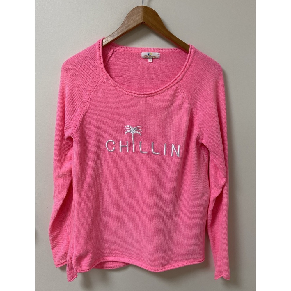 Breezes Chillin Palm Tree Hot Pink Light Sweater  Pullover S Feels Like Chenille